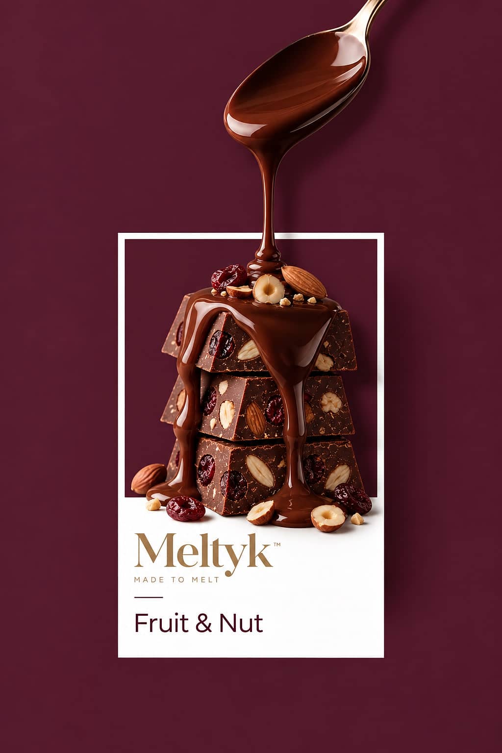 Meltyk Fruit & Nut poster, fruit and nut studded chocolate under a pour