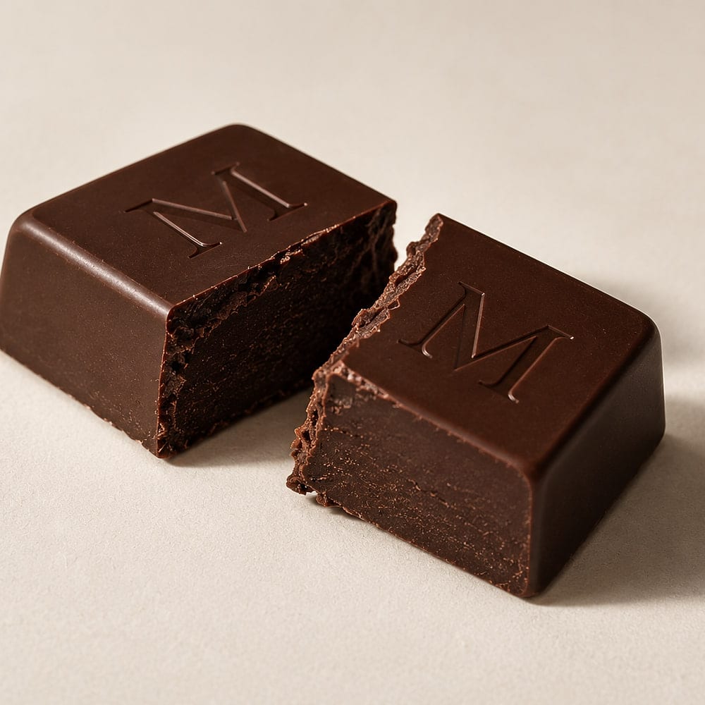 A Meltyk Muse cube broken in two, showing dense dark chocolate through the break