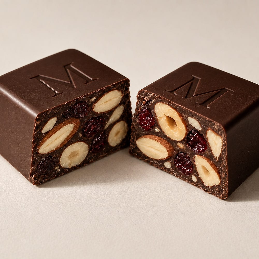 A Meltyk Fruit & Nut cube broken open, almonds and dried fruit sliced flush with the break