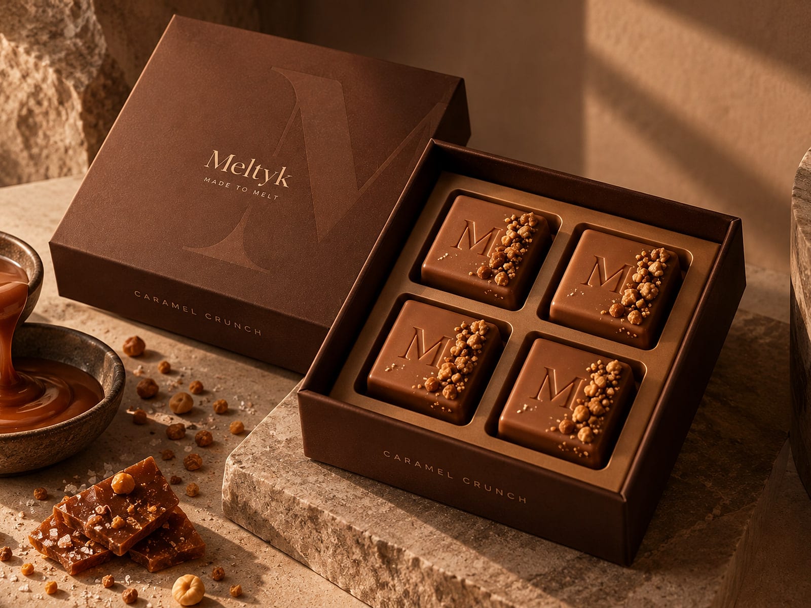 A Meltyk Caramel Crunch Box of 4 open on stone, four M-embossed cubes in a fitted tray