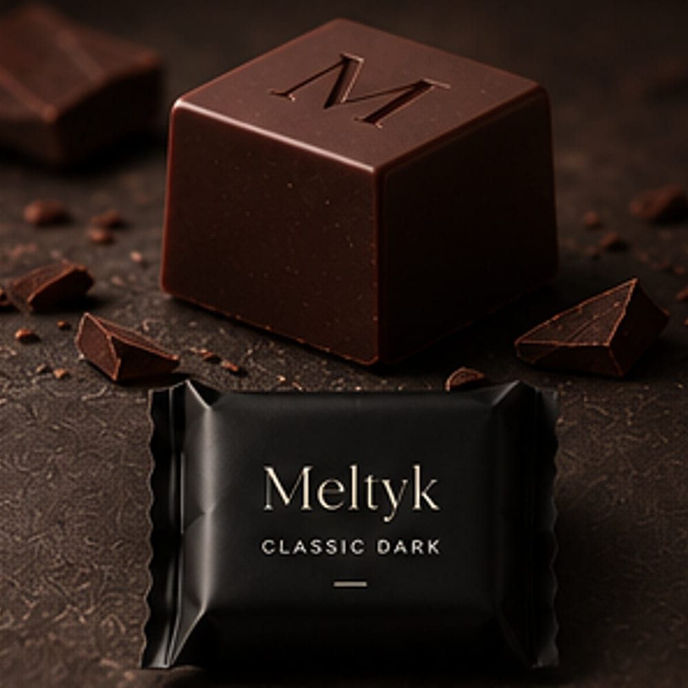 A Meltyk Muse cube with its embossed M, beside the black wrapper