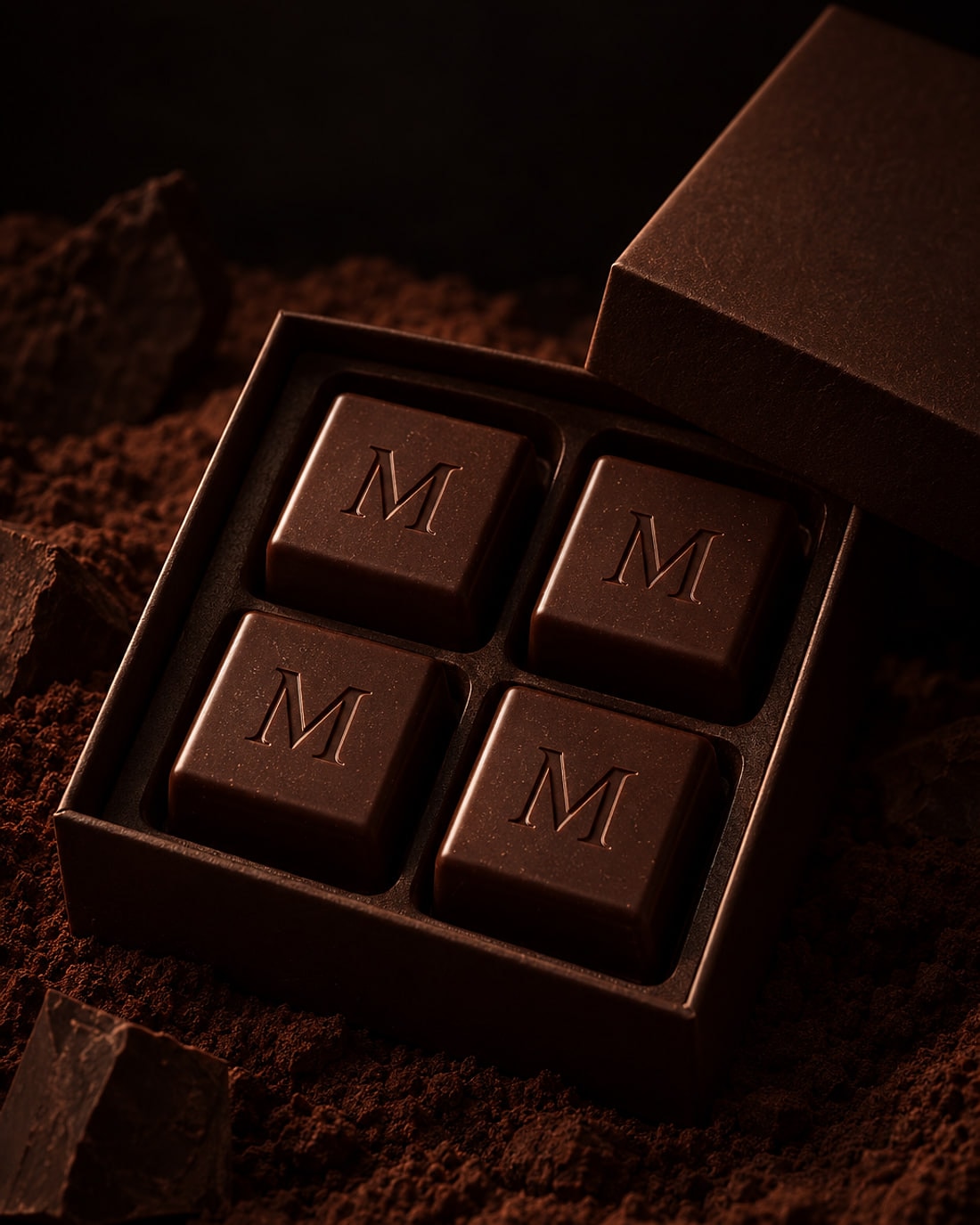 A MELTYK Box of 4 Meltyk Muse, open on four M-embossed dark chocolate cubes